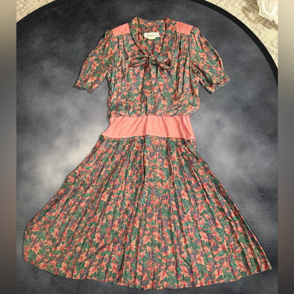 Vintage Pink & Green Floral Asymmetrical Dress with Bow Neck